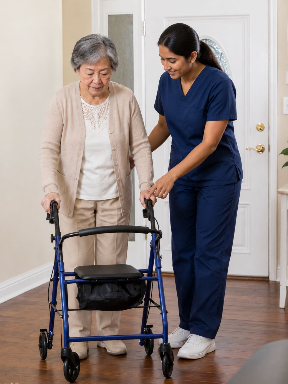 Mobility support service helping an elderly person walk safely